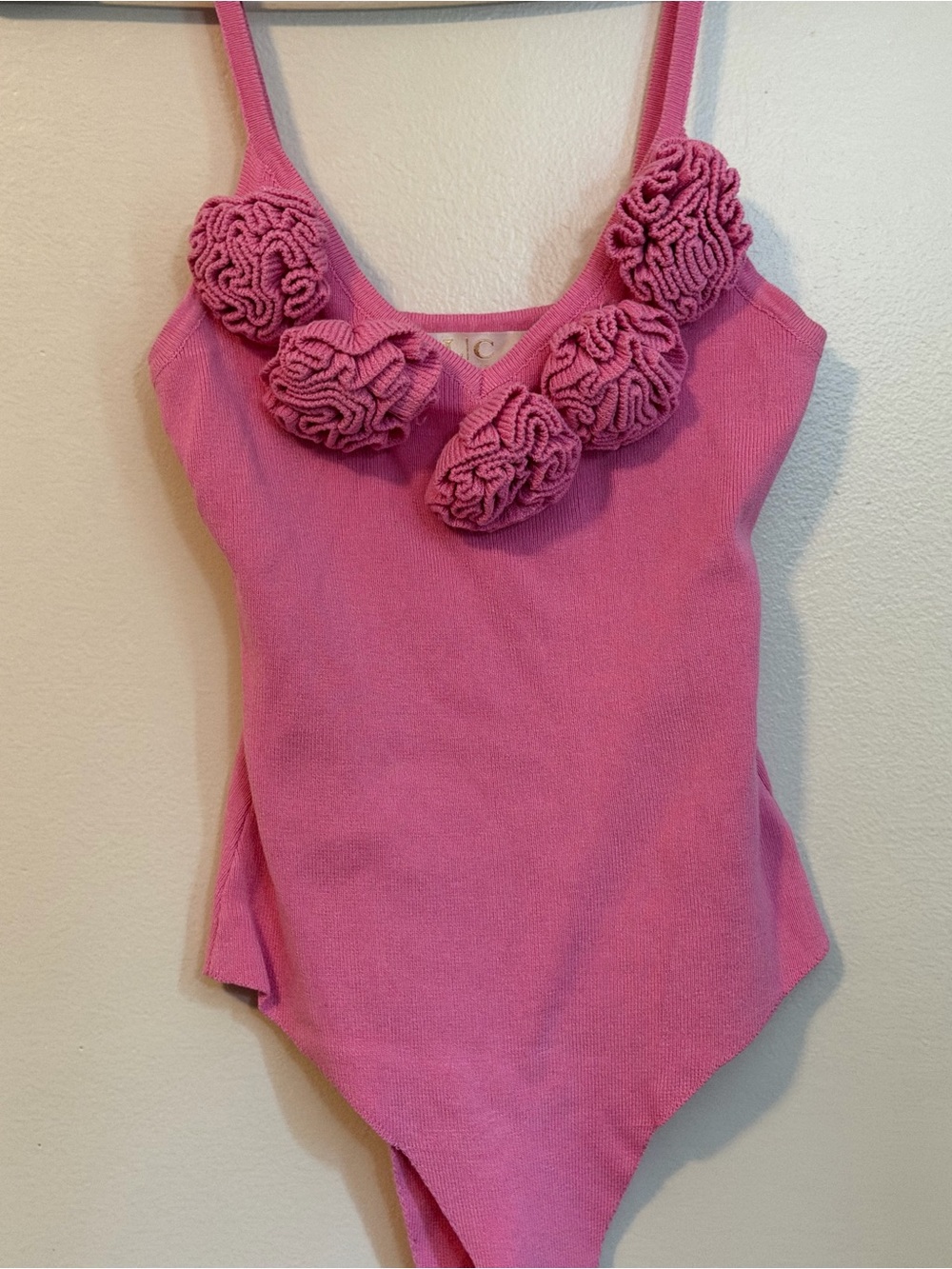 Pink 3D Rosette Knit Bodysuit One Size Coquette Y2K Floral Tank Balletcore Top